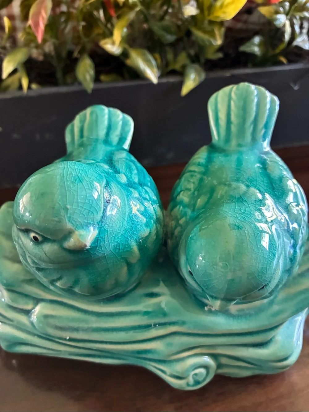 Turquoise Ceramic Bird Figurine Pair on Branch - Home Art euc 9” long x 5” high